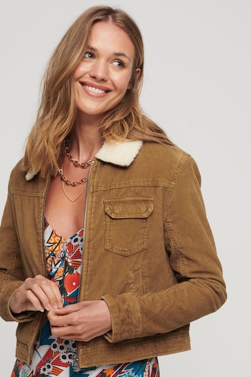 Superdry Brown Cropped Sherpa Lined Cord Jacket