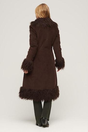 Superdry Brown Faux Fur Lined Longline Afghan Coat