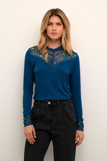 Cream Blue Trulla Long Sleeve Lace Blouse