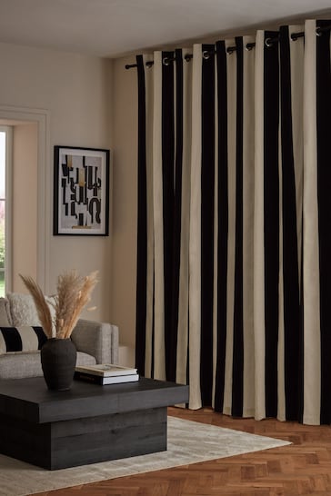 Black/White Stripe Linford Velvet Eyelet Lined Curtains
