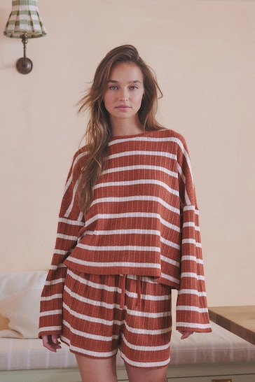 Rust Brown Stripe Crochet Short Set