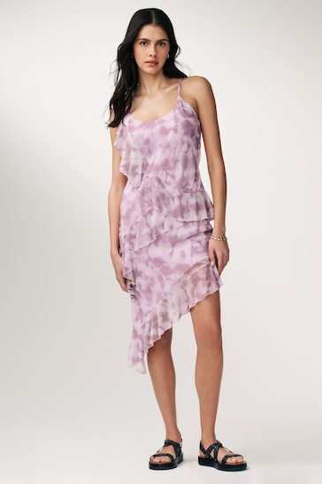 Lilac Floral Print Ruffle Asymmetric Mesh Mini Cami Dress
