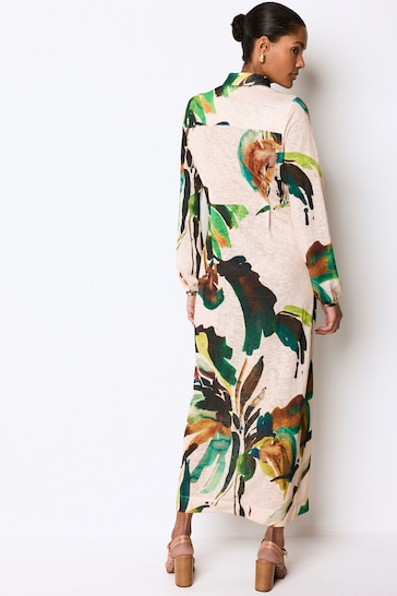 Ecru Palm Print Shirt Midi Dress