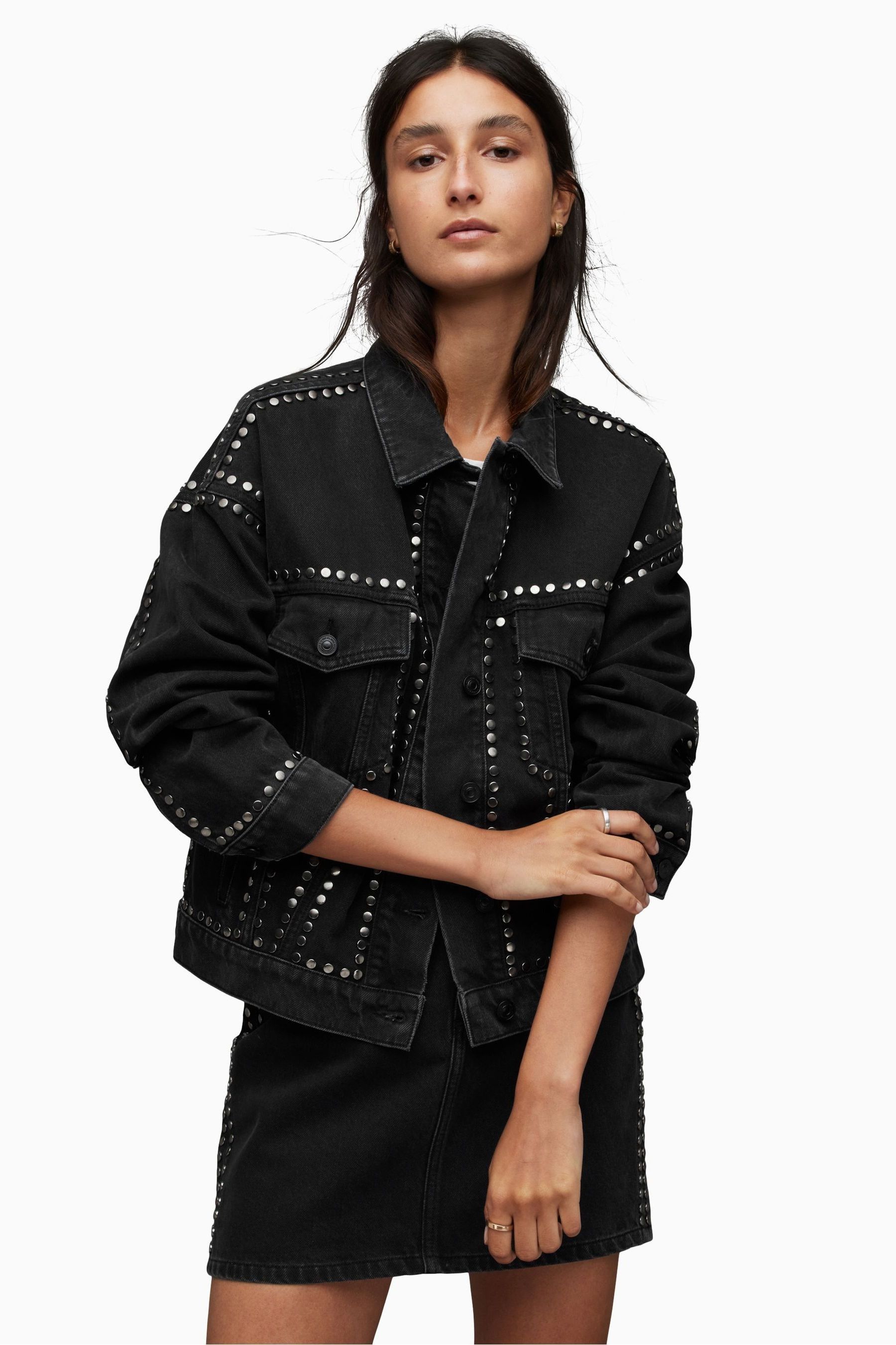Black denim jacket with studs discount