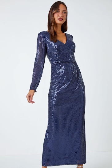 Roman Blue Sequin Wrap Stretch Maxi Dress
