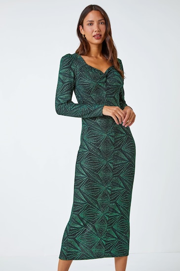 Roman Green Geometric Sparkle Midi Stretch Dress