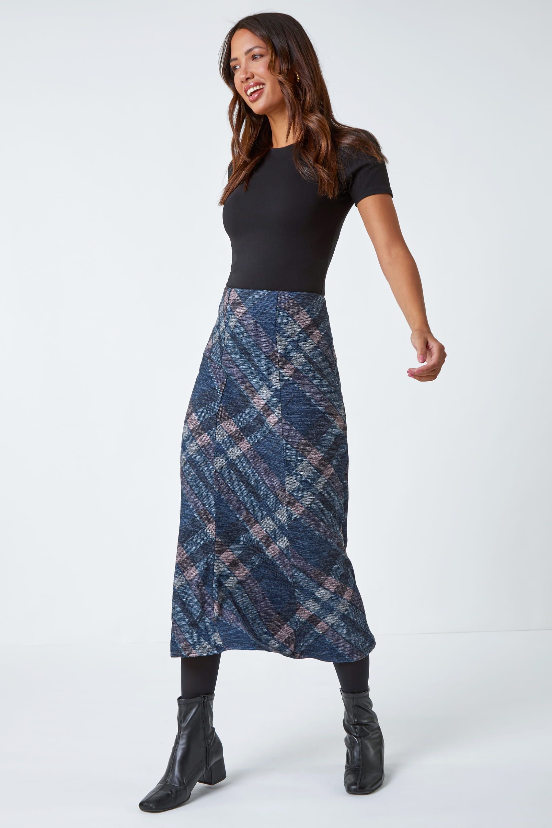 Buy Roman Blue Panelled Check Print Midi Stretch Skirt from the