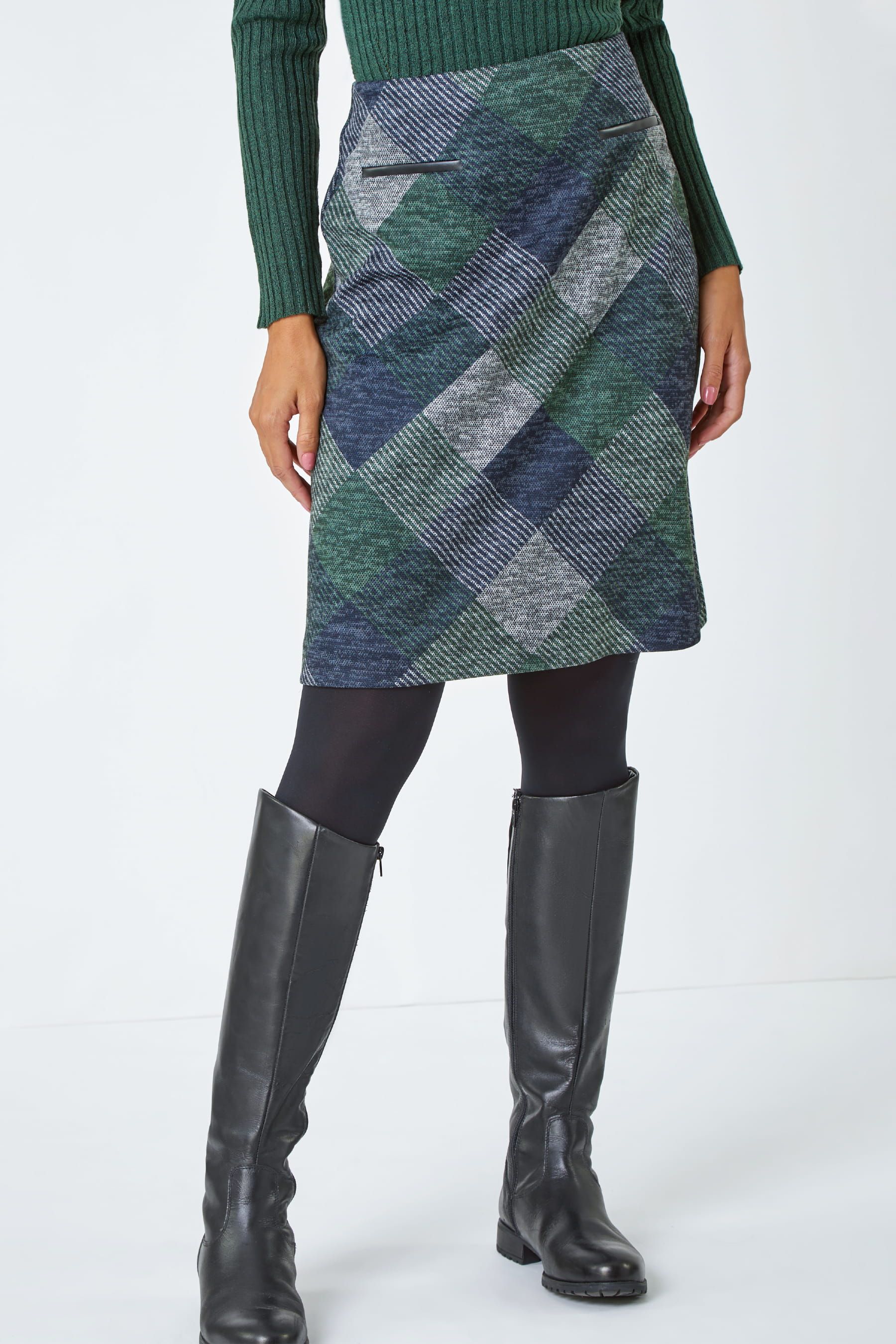 Roman Green Check Print Pocket Stretch Skirt