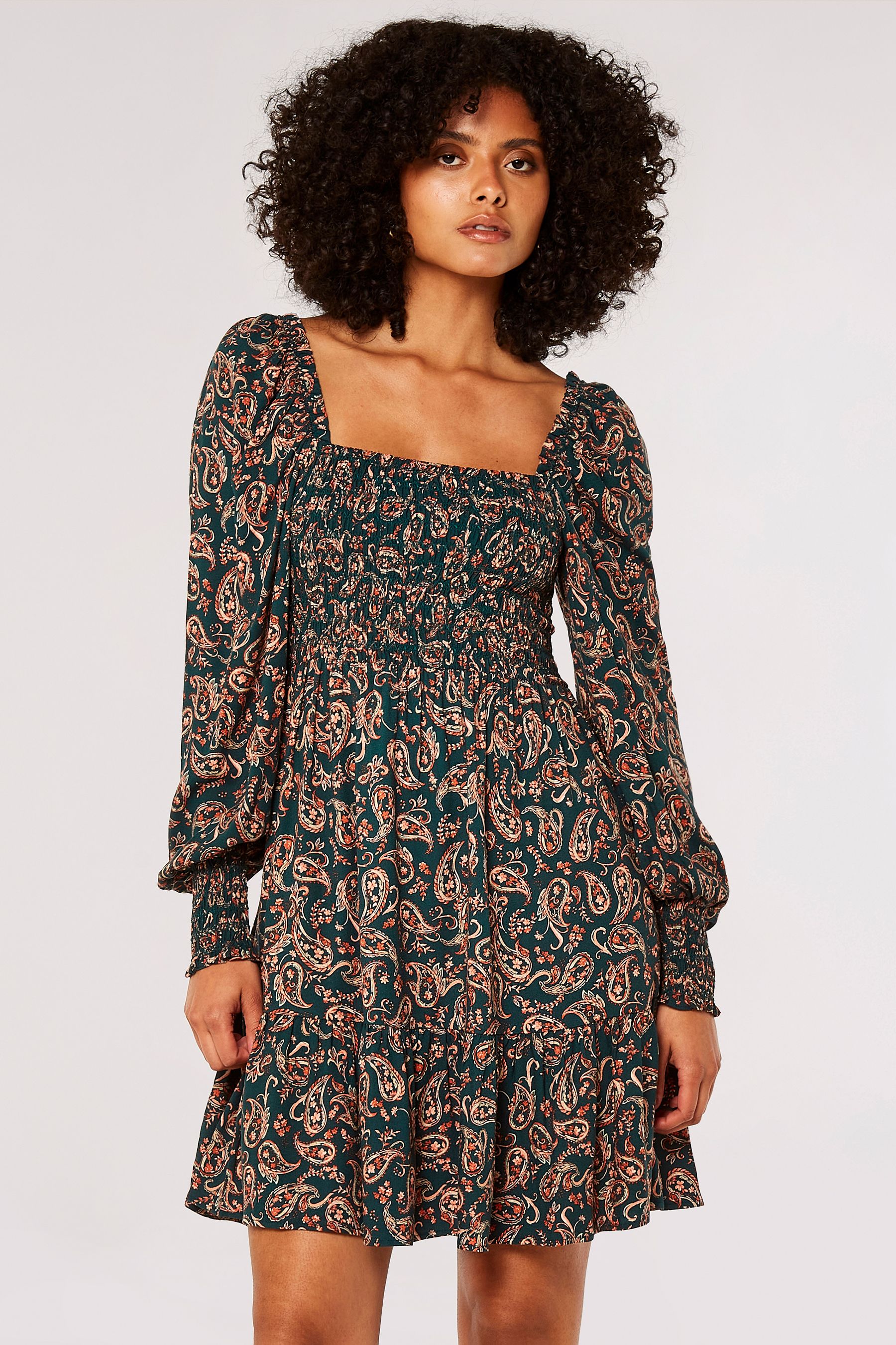 Buy Apricot Green Painterly Short Puff Sleeve Dress from the Next