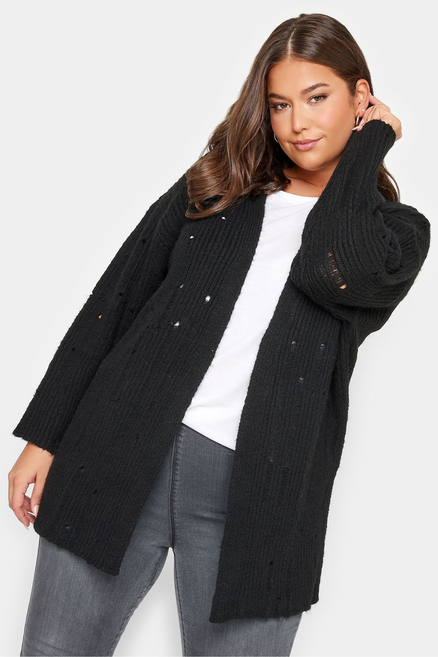 Buy Yours Curve Black Distressed Edge To Edge Cardigan from the