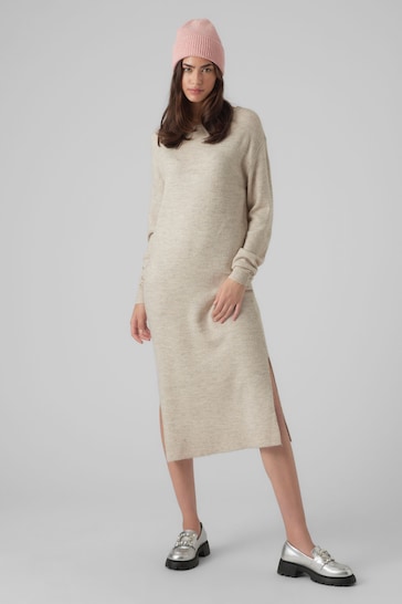 Cream Round Neck Midi Knitted Dress With Side Split