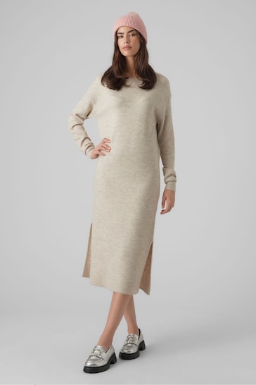 Cream Round Neck Midi Knitted Dress With Side Split