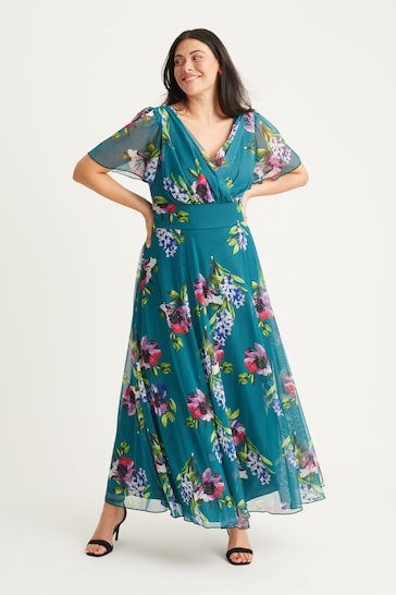 Scarlett & Jo Turquoise Green Floral Isabelle Angel Sleeve Maxi Dress