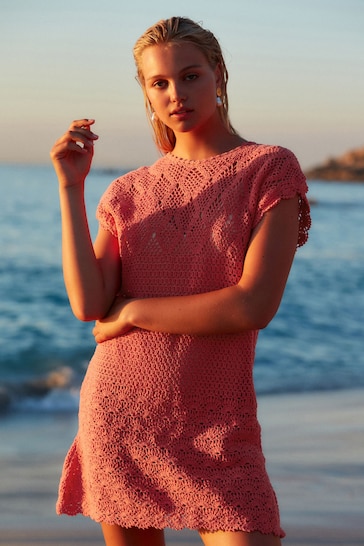 Coral Pink Crochet Mini Dress