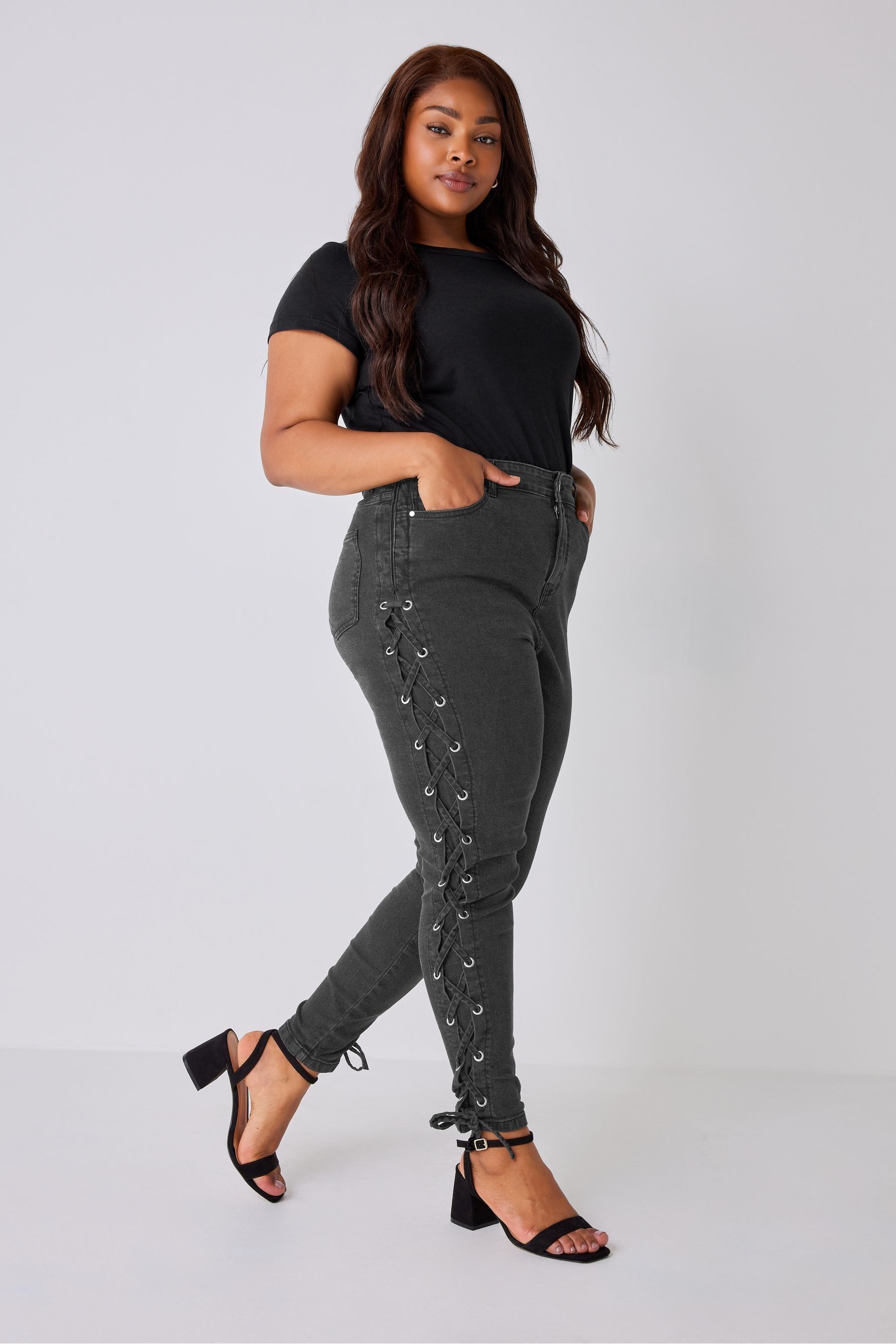 Side lace top up jeans black