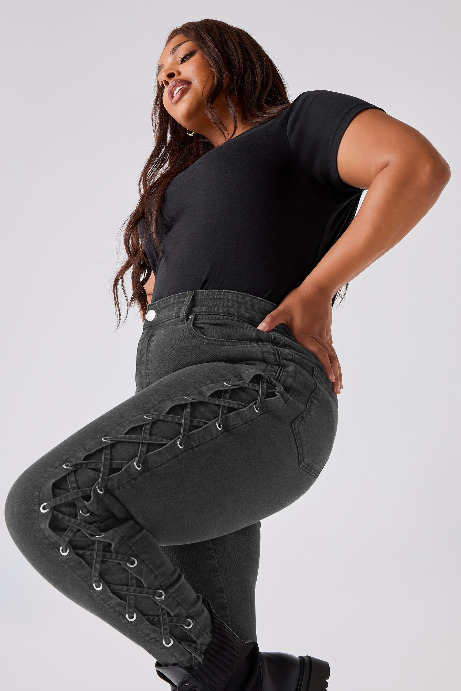 Black side discount lace up jeans