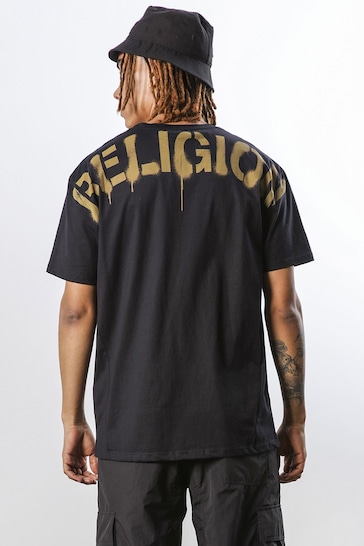 Religion Black Relaxed Fit Crew Neck T-Shirt With Shoulder Graphic