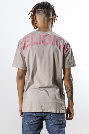 Religion Grey Relaxed Fit Crew Neck T-Shirt With Shoulder Graphic