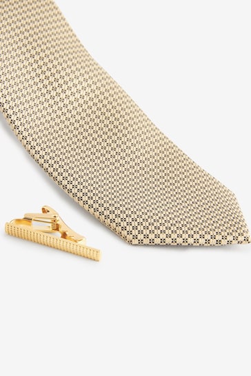 Neutral Brown Slim Textured Tie And Clip