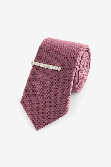 Raspberry Red Textured Tie And Clip