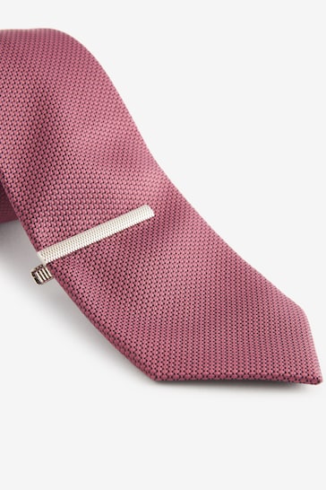 Raspberry Red Textured Tie And Clip