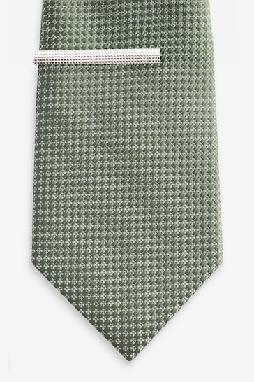 Light Green Textured Tie And Clip