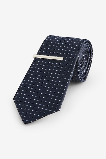 Navy Blue Pattern Tie And Tie Clip