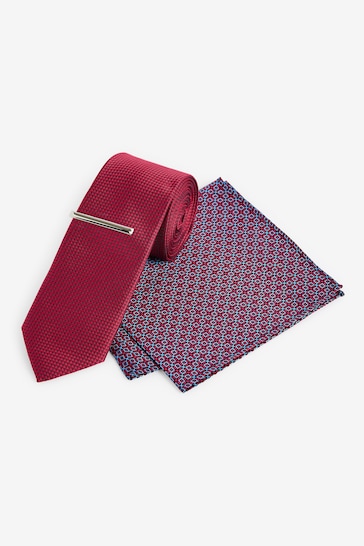 Red Geometric Slim Tie And Pocket Square Set