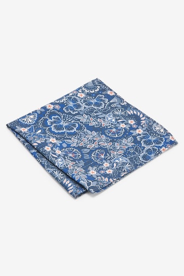 Neutral Brown/Navy Blue Floral Slim Tie And Pocket Square Set