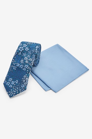Navy Blue Floral/Light Blue Slim Tie And Pocket Square Set