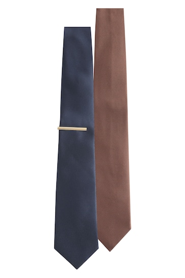 Navy Blue/Tan Brown Textured Tie With Tie Clip 2 Pack