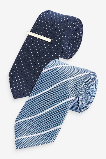 Navy Blue Spot/Blue Stripe Textured Tie With Tie Clip 2 Pack