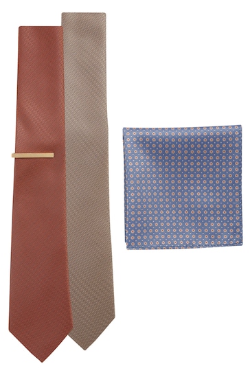Neutral Brown/Rust Orange 2 Pack Textured Ties And Pocket Sqaure Set