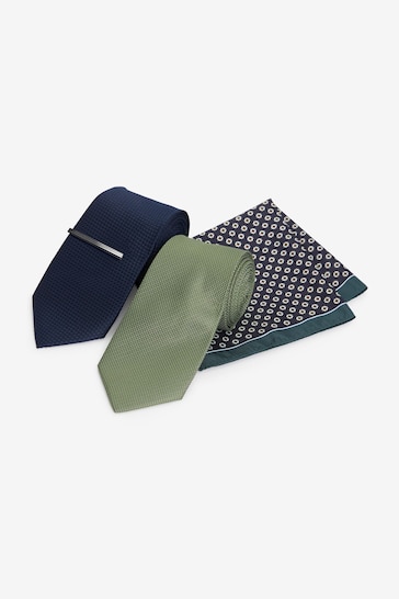 Navy Blue/Dark Green 2 Pack Textured Ties And Pocket Sqaure Set