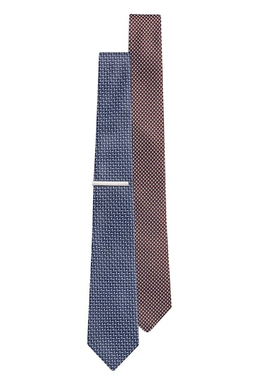 Navy Blue/Rust Brown Textured Tie With Tie Clip 2 Pack