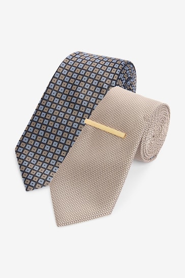 Neutral Brown/Navy Blue Geometric Textured Tie With Tie Clip 2 Pack