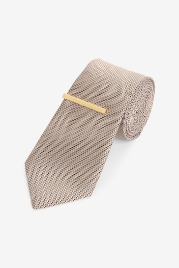 Neutral Brown/Navy Blue Geometric Textured Tie With Tie Clip 2 Pack