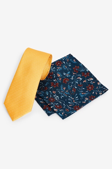 Yellow/Navy Blue Floral Slim Tie And Pocket Square Set