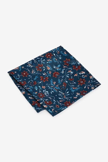 Yellow/Navy Blue Floral Slim Tie And Pocket Square Set