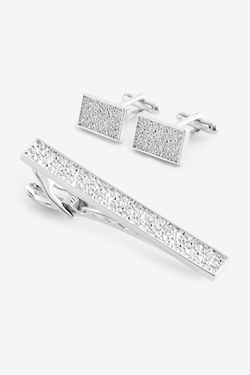 Silver Glitter Textured Cufflink And Tie Clip Set