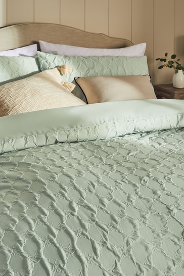 Sage Green Textured Embossed Square Duvet Cover and Pillowcase Set