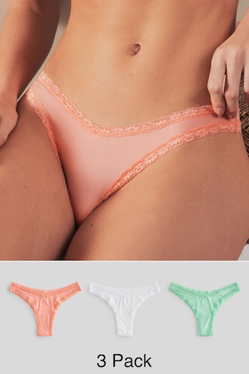 Green/White Brazilian Microfibre and Lace Trim Knickers 3 Pack
