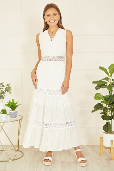 Yumi White Lace Trim Cotton Midi Sun Dress