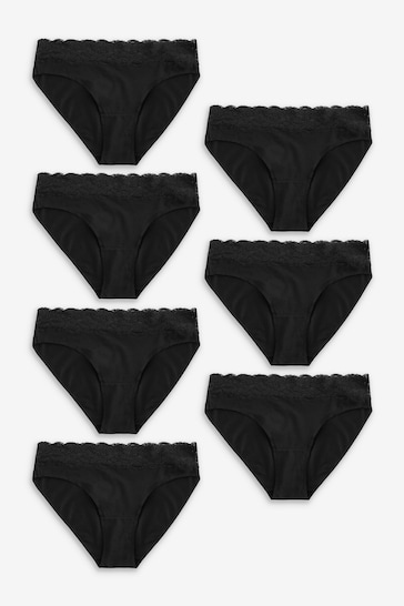 Black High Leg Cotton and Lace Knickers 7 Pack