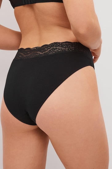 Black High Leg Cotton and Lace Knickers 7 Pack