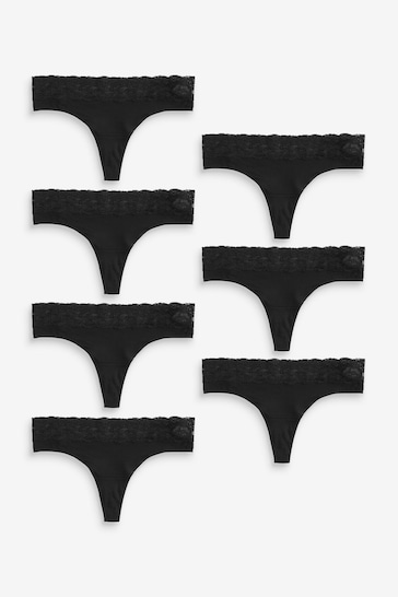 Black Thong Cotton and Lace Knickers 7 Pack