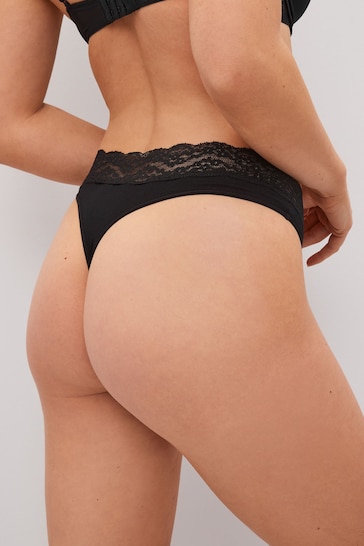 Black Thong Cotton and Lace Knickers 7 Pack