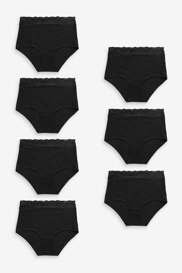Black Full Brief Cotton and Lace Knickers 7 Pack