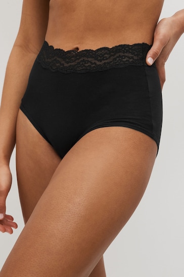 Black Full Brief Cotton and Lace Knickers 7 Pack