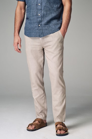 Natural Ecru Slim Fit Linen Cotton Elasticated Drawstring Trousers